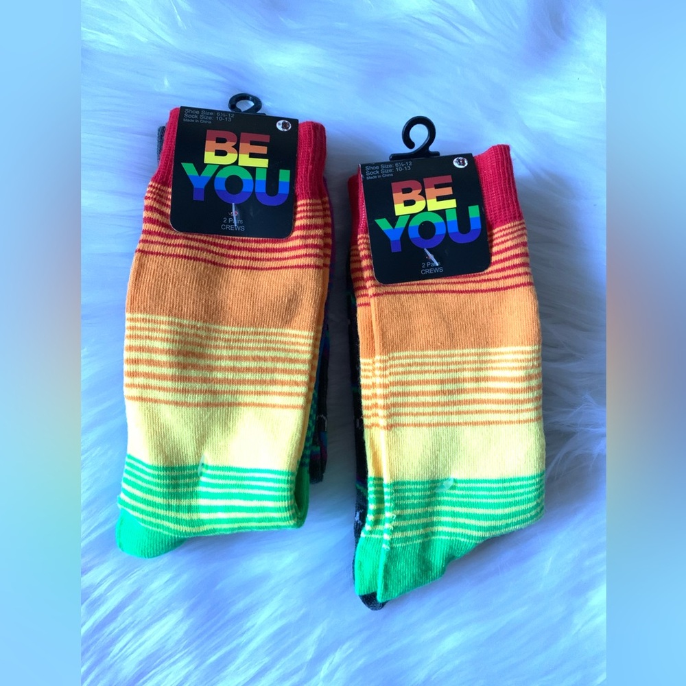 BE YOU Rainbow Pride Crew Socks 2Pair Lot of 2 Shoe Size 6.5 - 12 NEW